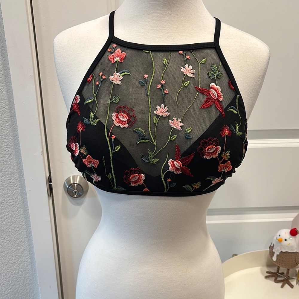 Floral Embroidered Sheer Halter Top